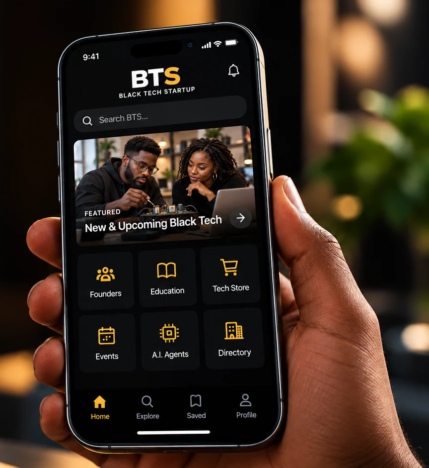 Realistic smartphone showing the BTS mobile home screen, featuring a Black man and woman building an electronic device, with links to Founders, Education, Tech Store, Events, A.I. Agents and Directory.