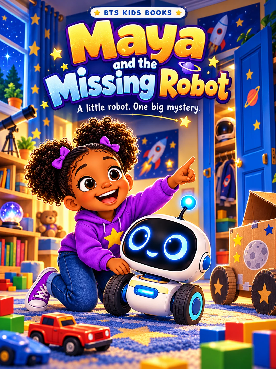 Book cover: Maya and the Missing Robot. Maya and a friendly two-wheeled robot in a colorful playroom.